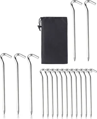 Zdjęcie produktu dla 16 aluminiowych kołków namiotowych z torbą | zestaw kołków o długości 18 cm | zewnętrzne kołki namiotowe | kołki o średnicy 5,66 mm do normalnego i twardego podłoża | kołki namiotowe w kolorze srebrnym | kołki do piasku | wytrzymałe kołki do biwakowania