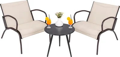 Produktbild von GOPLUS 3-teilige Gartenmöbel Set, Balkonmöbel mit runder Beistelltisch und 2 Outdoor-Stühle, Bistroset mit atmungsaktivem Gewebe für Terrasse, Balkon