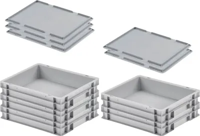 Produktbild von SuperSparSet 5x Eurobehälter mit geschlossenem Griff & Auflagedeckel | HxBxT 7,5x30x40cm | 9 Liter | Grau | Eurobox, Transportbox, Transportbehälter, Stapelbehälter
