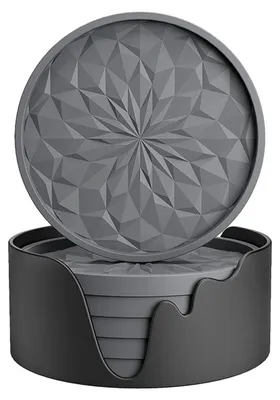 6er-Set Silikon-Untersetzer mit Halter, schwarz, 10 cm