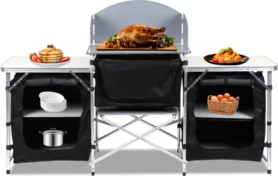 Zdjęcie produktu dla Kuchnia kempingowa Hengda 174 x 104 x 40 cm, szafka kempingowa z aluminiową ramą, meble kempingowe, kuchnia kempingowa na świeżym powietrzu, składana