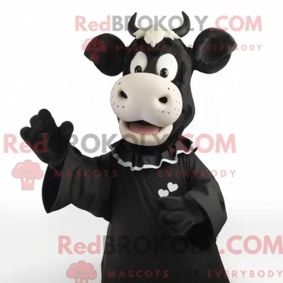 Produktbild von Maskottchencharakter REDBROKOLY einer schwarzen Kuh mit Bluse und Handschuhen