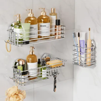 Produktbild von Duschkorb mit Saugnapf und Haken, Badezimmer Organizer ohne Bohren, Silber