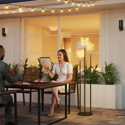 Image de Lampadaire solaire Boho en rotin, 3 lumières, lampe de jardin à capteur crépusculaire et à énergie solaire, rotin PE et acier, jaune | Ø 37 x 144 cm | 5 h de charge pour 8 h d'éclairage | IP44