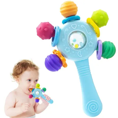 Produktbild von Baby Beißring Spielzeug mit Rassel – Sensorik Lernspielzeug 3-12 Monate Blau