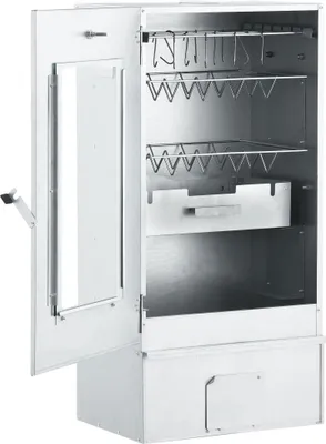 An open, empty smoker oven with racks and hooks inside.