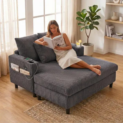 Image de LVHOM Canapé-lit avec LED & USB, fauteuil palmier en velours côtelé, canapé lounge avec poches latérales & porte-boissons, capacité de charge 350kg, 128x85x142 cm, gris foncé