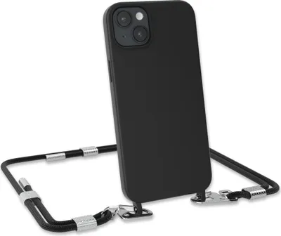 Produktbild von EAZY CASE Handykette Silikon mit Clips 2 in 1 kompatibel mit Apple iPhone 14 Plus Handyhülle mit Umhängeband, Handykordel mit Silikon, Hülle mit Band, Schwarz - Clips Silber
