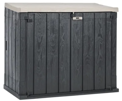 A storage cabinet with a sloped lid.
