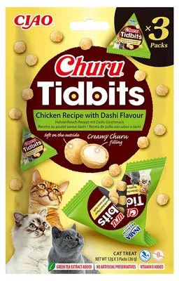 Zdjęcie produktu dla Inaba Cat Churu Tidbits 3x12g Przysmak Dla Kota Z Kurczakiem O Smaku Bulionu Dashi