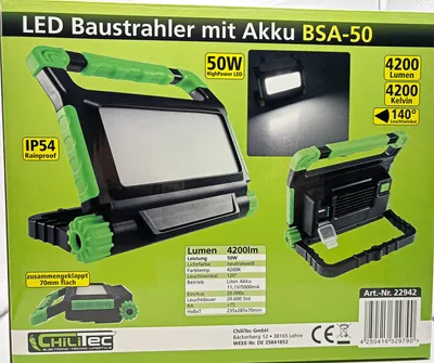 Produktbild von ChiliTec 22942 LED Baustrahler mit Akku "BSA-50" 50W, 4200lm, 4500K / neutralweiß
