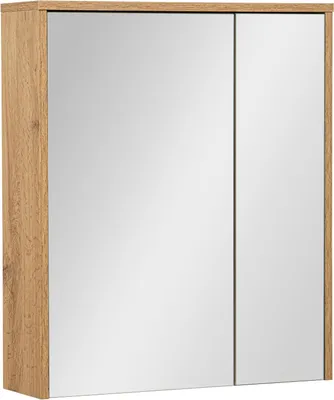 Produktbild von VBChome Badezimmerschrank mit Spiegel 60x70x16 cm 2 Türen Eiche Wotan – Hängeschrank mit Soft-Close-System und Glasregalen