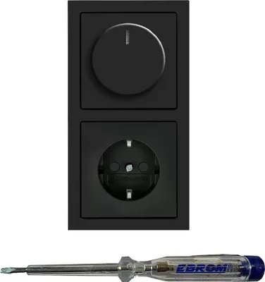 Produktbild von Busch Jäger 6523U-102 LED Drehdimmer Dimmer + Dimmerscheibe 6540-885-102 und Steckdose mit Kinderschutz 20EUCKS-885 in SCHWARZ MATT inklusive EBROM Phasenprüfer zur Montage der Geräte (6523 U – 102)