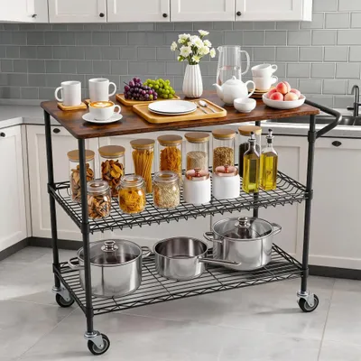 Immagine prodotto di Carrello portaoggetti per la cucina - Carrello mobile a 3 ripiani - Adatto per microonde - In metallo - Autoportante - Nero