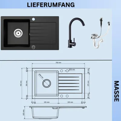 Produktbild von [Granitspüle 76x44 Schwarz+ Armatur]Hochwertig beidseitig Montierbar Küchenspüle Eckig Einbaugranitspüle Granit Spülbecken f. Unterschränke ab 45 cm inkl.Siphon Set