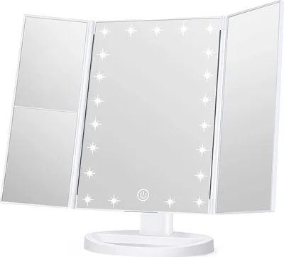 A white, tri-fold makeup mirror with LED lights.