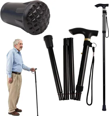 Image de Bâton de marche pliable - Aide à la marche - Support pour l'extérieur - Poignée en T ergonomique - Réglable de 85 à 95 cm - Noir