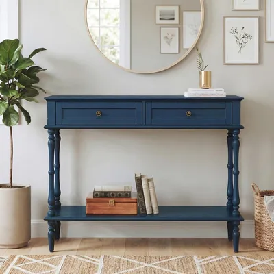 Immagine prodotto di Tavolino consolle con cassetti, colore blu, in legno, stretto, ideale per soggiorno, ingresso, disimpegno, camera da letto