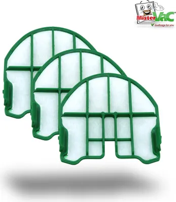 Three green and white vacuum cleaner filters are arranged in a staggered formation against a white background.