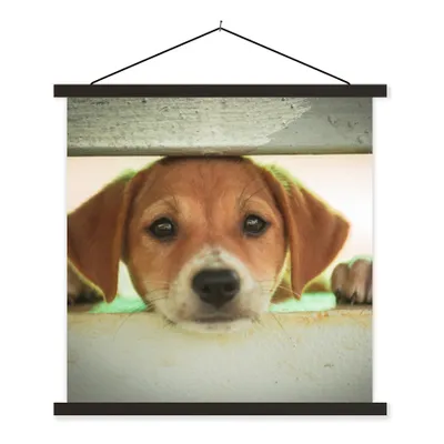 Produktbild von MuchoWow® Textilposter Ein Welpe schaut durch einen Zaun 90x90 cm mit schwarzem Rahmen - Magnetisches