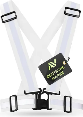 A white reflective safety vest with black buckles and a black tag with green text and logo.