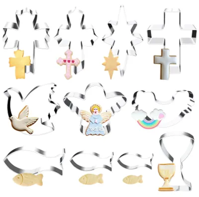 Produktbild von Ausstechformen-Set in Fischform für die Kommunion, 11-teilig, Ausstechformen für Konfirmationskekse, Ausstechformen in Fischform, Fondant-Ausstechformen für die Kommunion, Tortendekoration, Geburtstag, Engel, Kreuz, Kelch