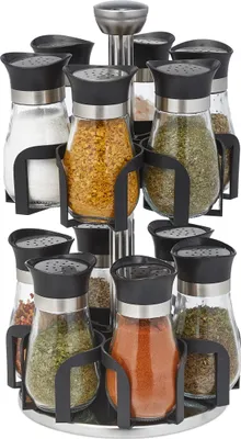 Produktbild von Relaxdays Gewürzkarussell, 12 Gewürzgläser, 360° drehbar, Edelstahl, Glas, HxD 31 x 18 cm, Gewürzregal, silber/schwarz