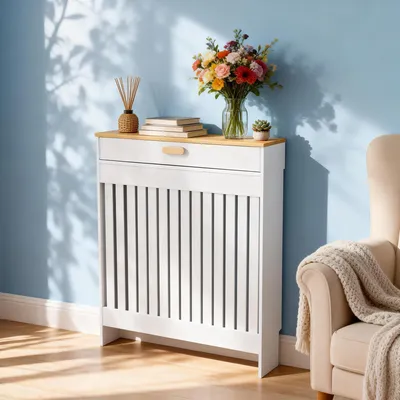 Produktbild von WISFOR Heizkörperverkleidung Heizkörperabdeckung mit Schublade, 78,5×19×95,5 cm, Weiß mit Holzoptik