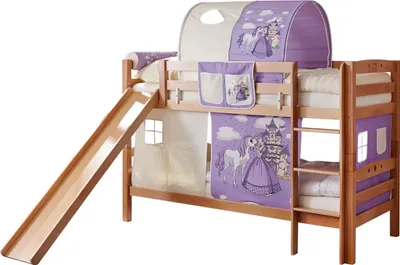 Produktbild von Etagenbett mit Rutsche Doppelbett Buche massiv Natur, Vorhangstoff:Horse Lila
