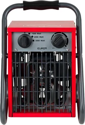A front view of a red electric heater with a black handle and gray frame.