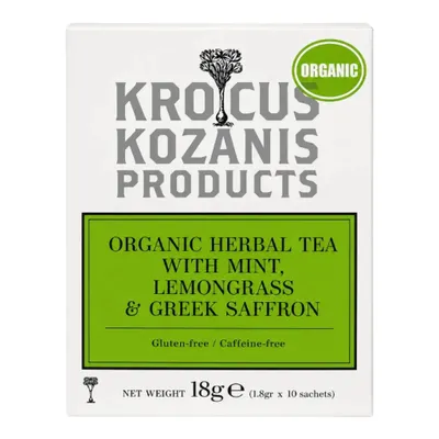 Krocus Kozanis Bio Kräutertee Minze Zitronengras Safran 18 g Packung auf Weiß