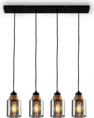 Produktbild von Pendant light, with wood, smoked glass, 4xE27/max.