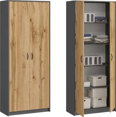 A two-image collage showing a closed wardrobe from the front and an open wardrobe from the side, displaying its interior storage.