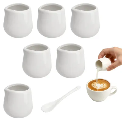 6 Porzellan-Milchkännchen 50 ml mit Löffel, weiß