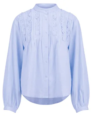 Produktbild von Damen Bluse blau XL mit Stehkragen, langen Ärmeln und Rüschen