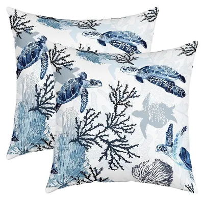Productafbeelding van Kussenslopen, schildpadmotief, wit en blauw, 40x40 cm, 2 stuks, polyester