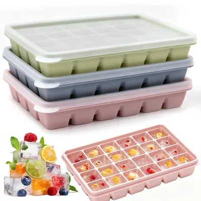 3er Set Silikon-Eiswürfelform mit Deckel, Easy Release, 24 Würfel
