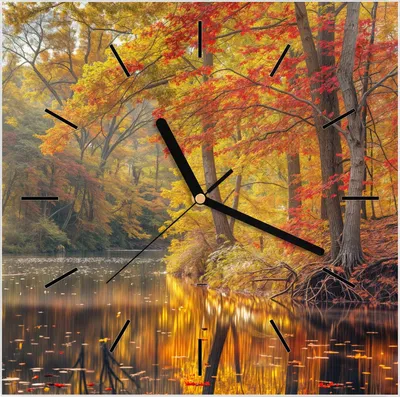 Produktbild von Wanduhr aus Glas mit Motiv Herbstwald See- 30 x 30 cm - inkl. Aufhängesystem