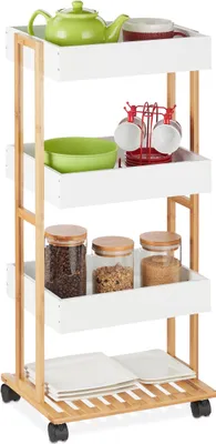Produktbild von Relaxdays Servierwagen, Bambus & MDF, Küchenwagen mit 4 Etagen, Rollwagen, Küche & Bad, HBT: 88 x 40 x 30 cm, natur/weiß