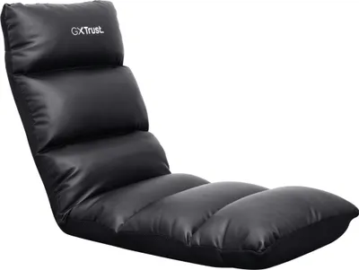 A black gaming floor chair with a white logo on the headrest, isolated on a white background.