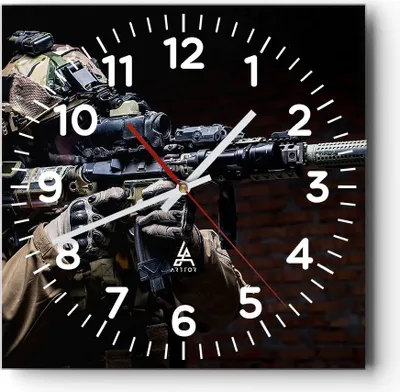 Produktbild von Wanduhr - Quadrat - Glasuhr - Soldat Gewehr - 30x30cm - Schleichendes Uhrwerk - Lautlos - zum Aufhängen bereit - Dekoration Modern - Wanddekoration aus Glas - C4AC30x30-3785