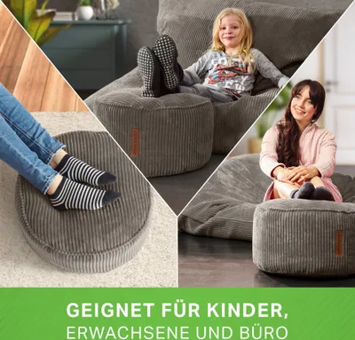 Produktbild von Green Bean® Indoor Sitzhocker Pouf 45x25cm EPS-Perlen Füllung & Cordstoff Kuschelig Weich Waschbar - Drinnen Bodenkissen Liegekissen Sitzkissen Sitzhocker Sessel Kinder Erwachsene Stoff Anthrazit
