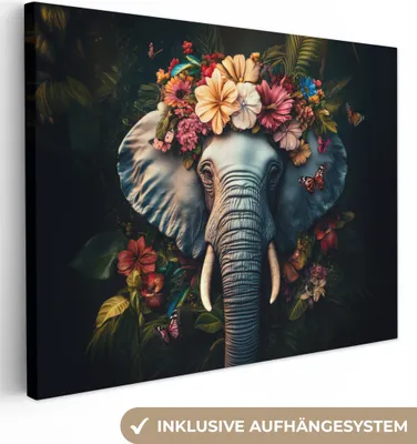 Produktbild von Leinwandbilder 80x60 cm - Tiere, Blumen - Elefant, Bilder Wohnzimmer Modern, Wanddeko