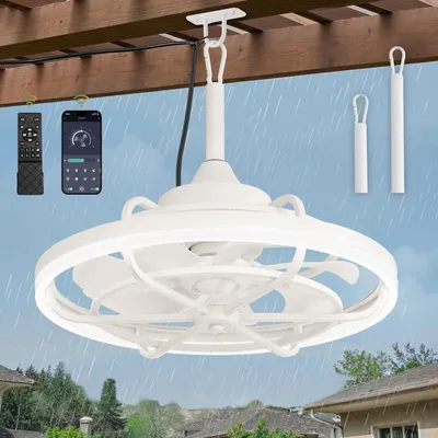 Produktbild von Außen Deckenventilator mit Beleuchtung und Fernbedienung IP65 Wasserdicht Deckenleuchte mit Ventilator Dimmbar Retro Käfig Fan Deckenlampe für Outdoor Innen Terrasse Deckenventilatoren Ø50cm Weiße
