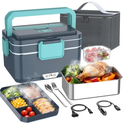 Image de Boîte à lunch électrique - Réchauffeur de repas - 3,5 litres - 90 W - 220 V - Contenant en acier inoxydable - Portable - Pour le bureau et les voyages