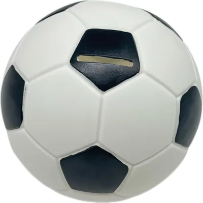 Produktbild von Relaxdays Fußball Spardose, Ø 15 cm, Kunstharz Sparbüchse, Drehschloss, Geschenkidee Kinder & Fußballfans, schwarz/weiß