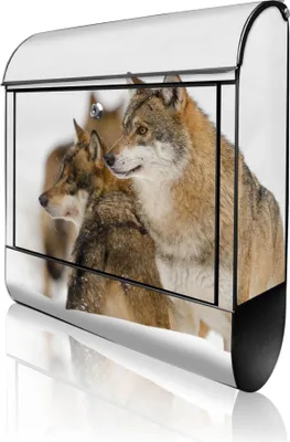 Zdjęcie produktu dla banjado Design Skrzynka pocztowa stalowa czarna z przegródką na gazety, malowana proszkowo „Wilki” 38 x 46 x 12,5 cm i 2 klucze – skrzynka pocztowa A4 z otworem na listy, wraz z materiałami montażowymi [BK 10432]