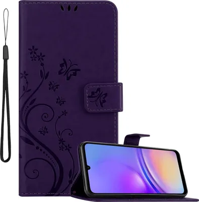 Produktbild von Cadorabo Hülle für Samsung Galaxy A06 Hülle in FLORAL DUNKEL LILA Schutzhülle im Blumen Design mit Magnetverschluss, Standfunktion und Kartenfächern Book Case Cover