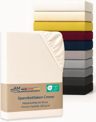 Produktbild von AM Qualitätsmatratzen | Premium Spannbettlaken 160x200 cm | Baumwolle (200gsm) in Creme |  Germany |  es Bettlaken | Jersey Spannbetttuch | Fitted Sheets | Baumwolle |160 x 200 cm