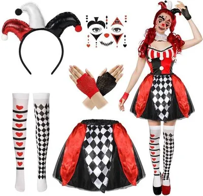 Productafbeelding van Clownkostuum Halloween - Clownrok - Clownhandschoenen - Hoed/haarband - Strasssteentjes - Zwart/rood kleurenschema - Harlekijnkostuum